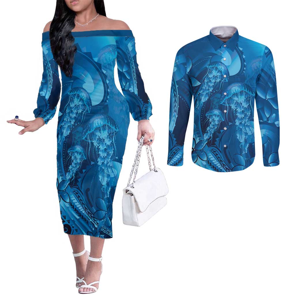 Blue Gradient Polynesia Jellyfish Couples Matching Off The Shoulder Long Sleeve Dress and Long Sleeve Button Shirt Plumeria Polynesian Tattoo Glowing Vibes LT14 Blue - Polynesian Pride