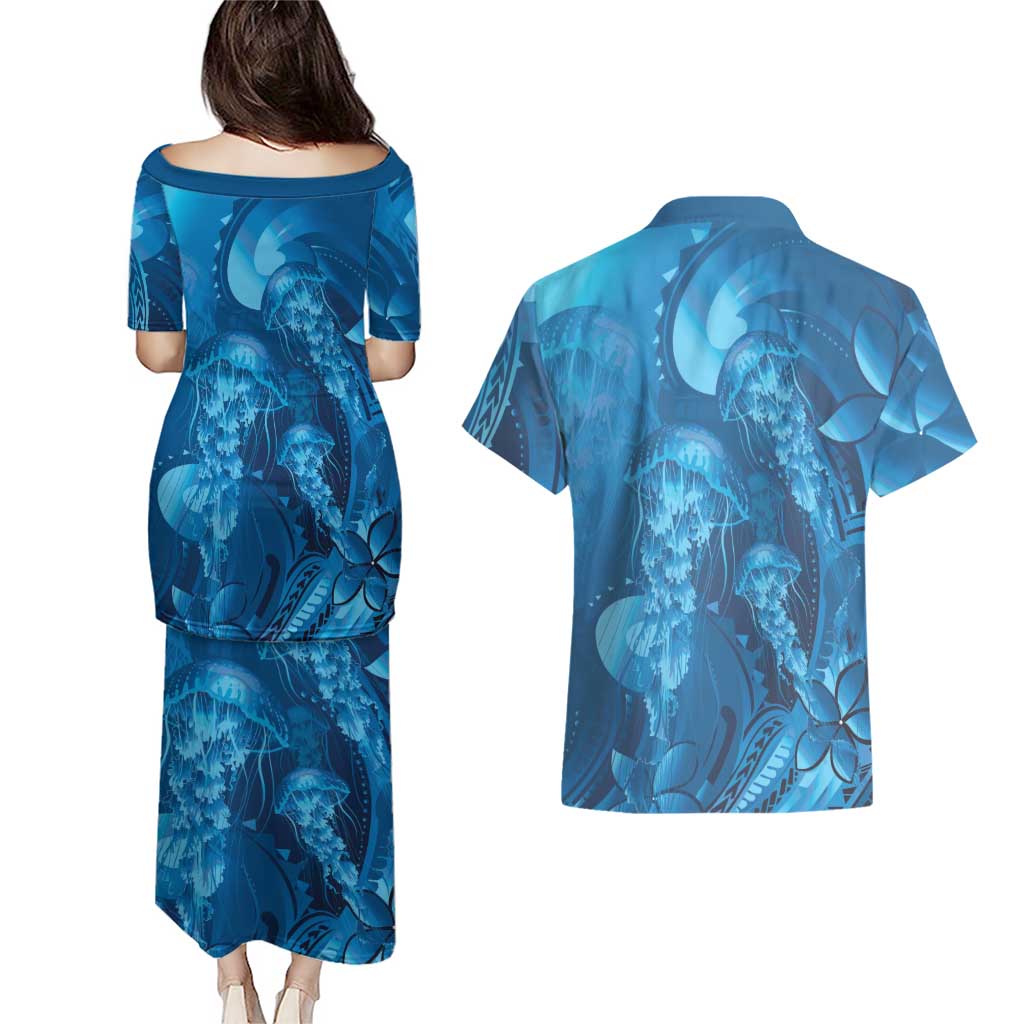 Blue Gradient Polynesia Jellyfish Couples Matching Puletasi and Hawaiian Shirt Plumeria Polynesian Tattoo Glowing Vibes