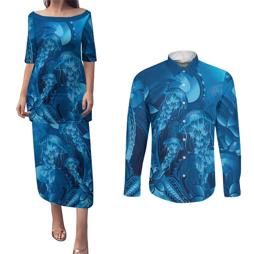 Blue Gradient Polynesia Jellyfish Couples Matching Puletasi and Long Sleeve Button Shirt Plumeria Polynesian Tattoo Glowing Vibes LT14 Blue - Polynesian Pride