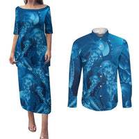 Blue Gradient Polynesia Jellyfish Couples Matching Puletasi and Long Sleeve Button Shirt Plumeria Polynesian Tattoo Glowing Vibes LT14 Blue - Polynesian Pride