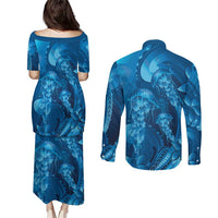 Blue Gradient Polynesia Jellyfish Couples Matching Puletasi and Long Sleeve Button Shirt Plumeria Polynesian Tattoo Glowing Vibes LT14 - Polynesian Pride