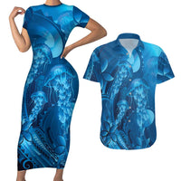 Blue Gradient Polynesia Jellyfish Couples Matching Short Sleeve Bodycon Dress and Hawaiian Shirt Plumeria Polynesian Tattoo Glowing Vibes LT14 Blue - Polynesian Pride