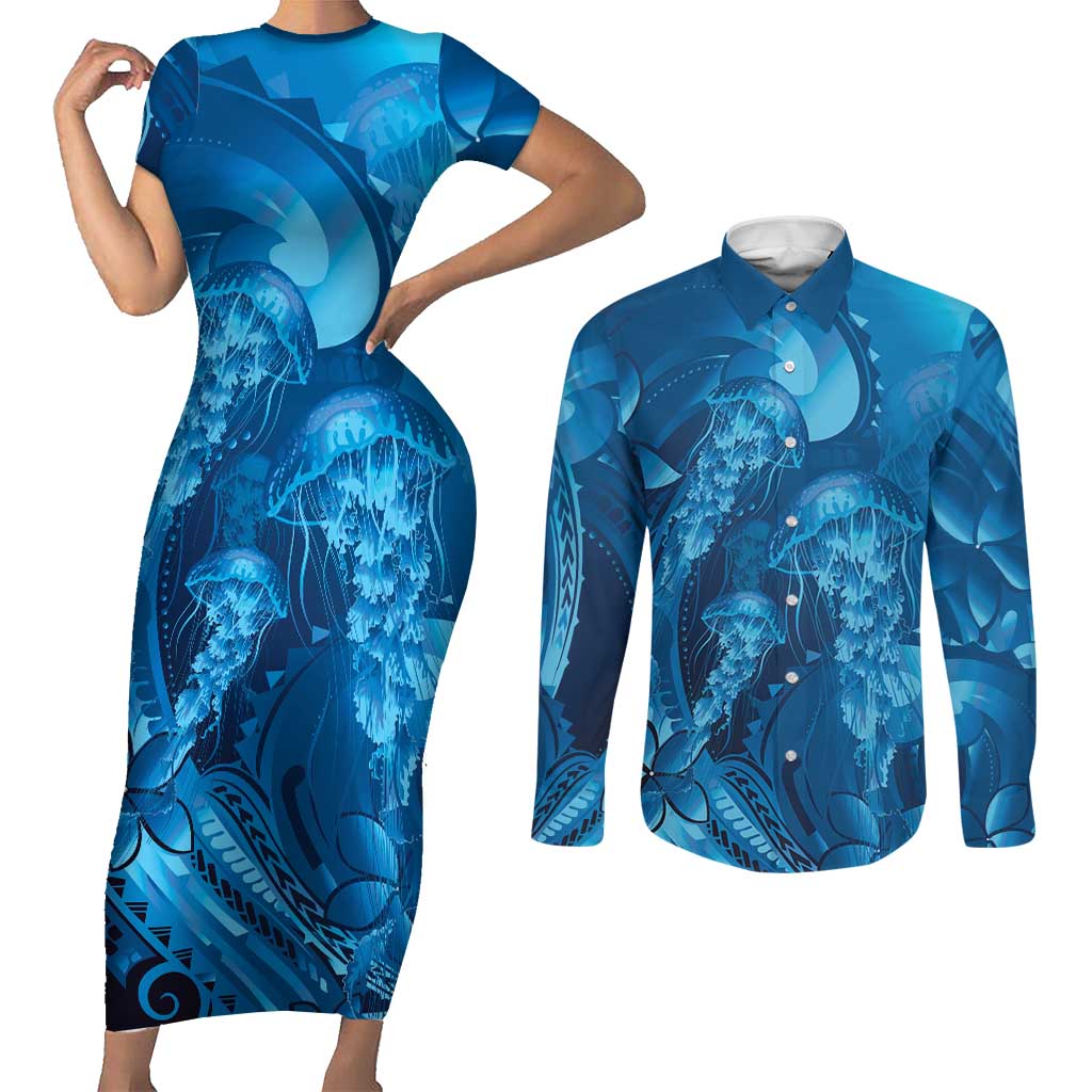 Blue Gradient Polynesia Jellyfish Couples Matching Short Sleeve Bodycon Dress and Long Sleeve Button Shirt Plumeria Polynesian Tattoo Glowing Vibes LT14 Blue - Polynesian Pride