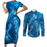 Blue Gradient Polynesia Jellyfish Couples Matching Short Sleeve Bodycon Dress and Long Sleeve Button Shirt Plumeria Polynesian Tattoo Glowing Vibes LT14 Blue - Polynesian Pride
