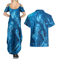 Blue Gradient Polynesia Jellyfish Couples Matching Summer Maxi Dress and Hawaiian Shirt Plumeria Polynesian Tattoo Glowing Vibes LT14 - Polynesian Pride