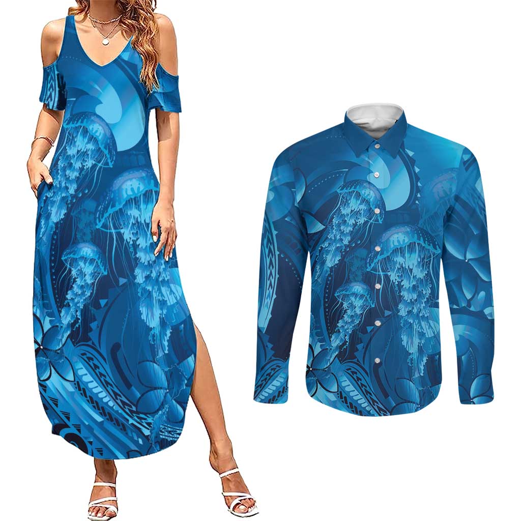 Blue Gradient Polynesia Jellyfish Couples Matching Summer Maxi Dress and Long Sleeve Button Shirt Plumeria Polynesian Tattoo Glowing Vibes LT14 Blue - Polynesian Pride