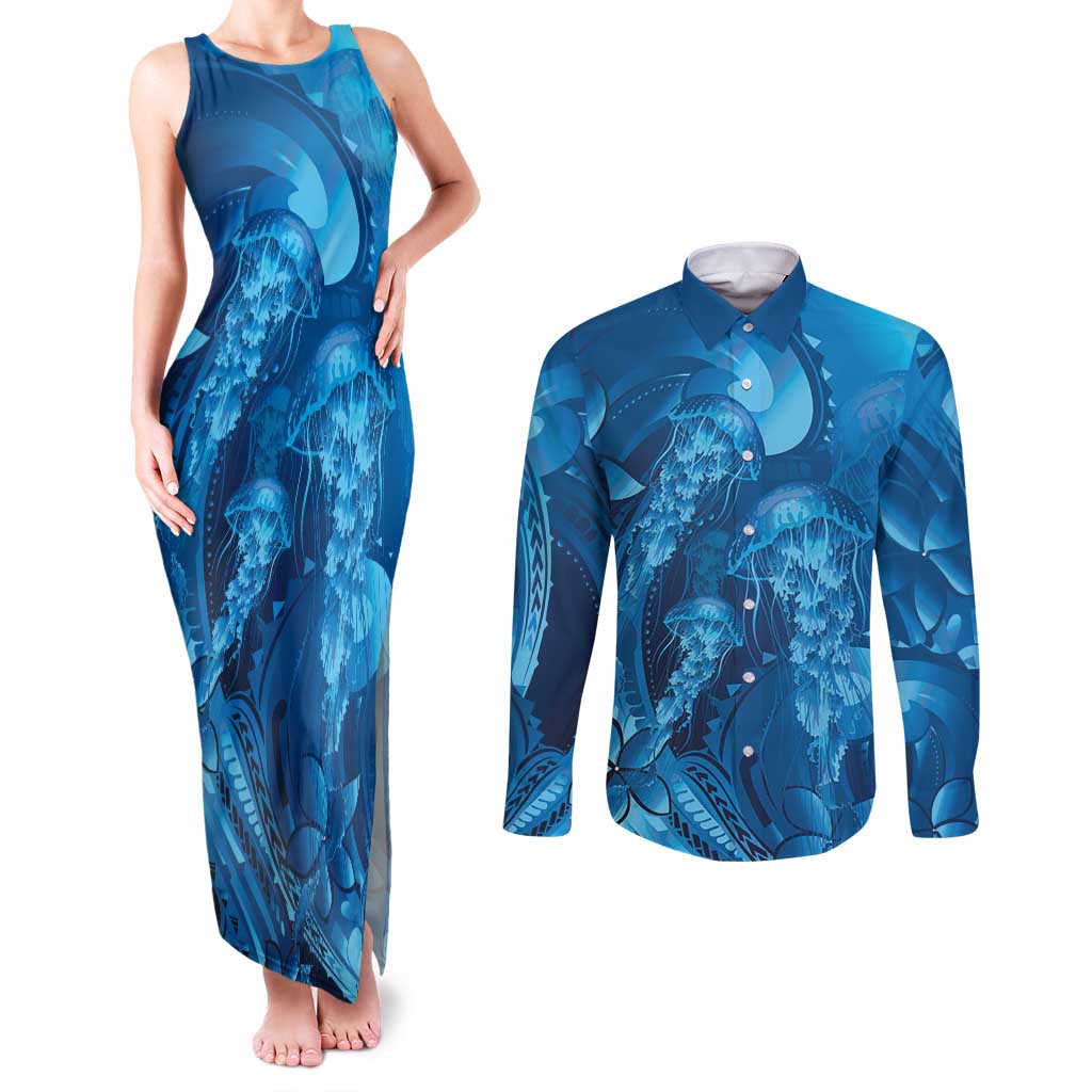 Blue Gradient Polynesia Jellyfish Couples Matching Tank Maxi Dress and Long Sleeve Button Shirt Plumeria Polynesian Tattoo Glowing Vibes LT14 Blue - Polynesian Pride
