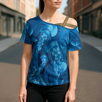 Blue Gradient Polynesia Jellyfish Cross Shoulder Shirt Plumeria Polynesian Tattoo Glowing Vibes