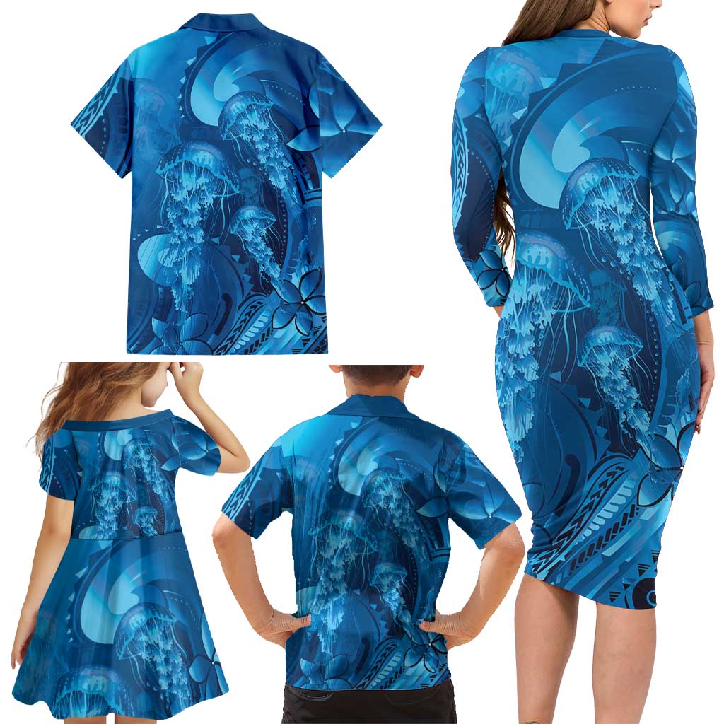 Blue Gradient Polynesia Jellyfish Family Matching Long Sleeve Bodycon Dress and Hawaiian Shirt Plumeria Polynesian Tattoo Glowing Vibes LT14 - Polynesian Pride