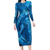 Blue Gradient Polynesia Jellyfish Family Matching Long Sleeve Bodycon Dress and Hawaiian Shirt Plumeria Polynesian Tattoo Glowing Vibes LT14 Mom's Dress Blue - Polynesian Pride