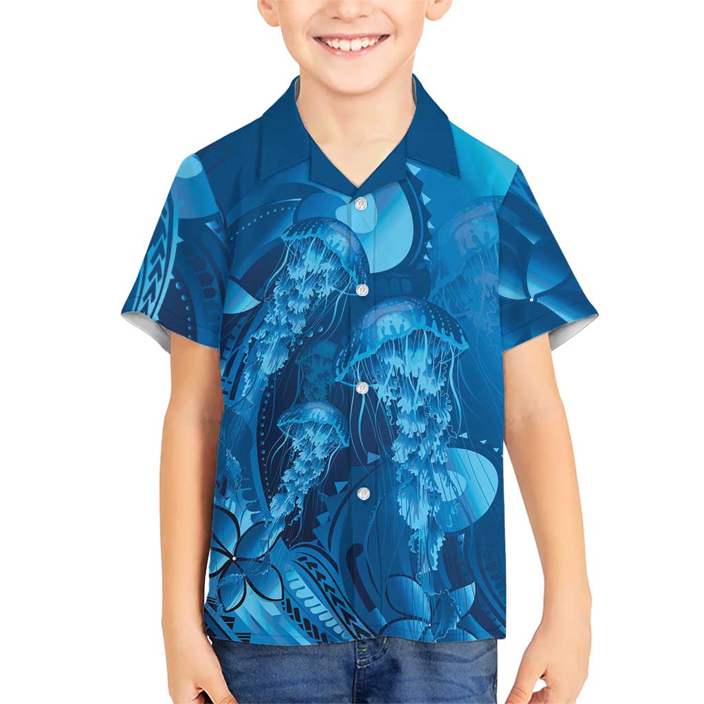 Blue Gradient Polynesia Jellyfish Family Matching Long Sleeve Bodycon Dress and Hawaiian Shirt Plumeria Polynesian Tattoo Glowing Vibes LT14 Son's Shirt Blue - Polynesian Pride