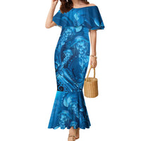 Blue Gradient Polynesia Jellyfish Family Matching Mermaid Dress and Hawaiian Shirt Plumeria Polynesian Tattoo Glowing Vibes LT14 Mom's Dress Blue - Polynesian Pride