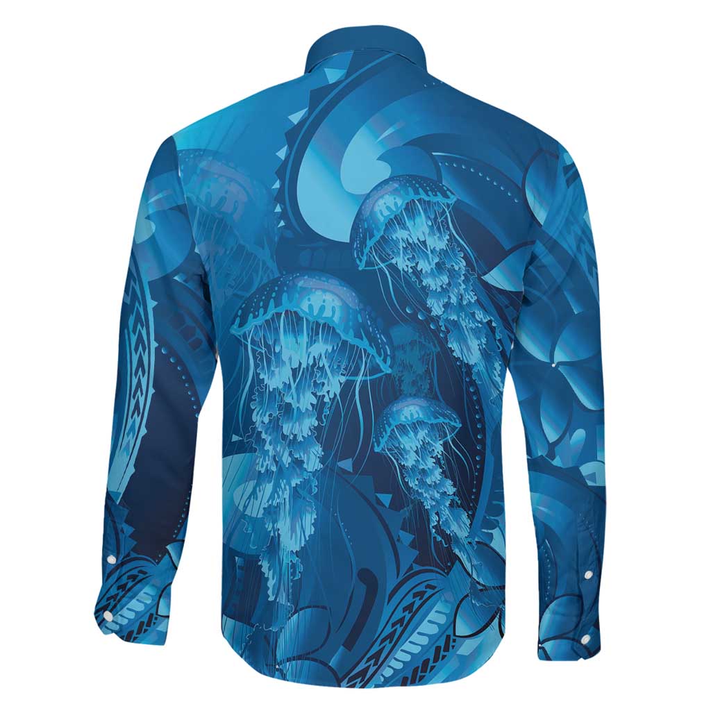 Blue Gradient Polynesia Jellyfish Family Matching Off The Shoulder Long Sleeve Dress and Hawaiian Shirt Plumeria Polynesian Tattoo Glowing Vibes LT14 - Polynesian Pride