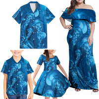 Blue Gradient Polynesia Jellyfish Family Matching Off Shoulder Maxi Dress and Hawaiian Shirt Plumeria Polynesian Tattoo Glowing Vibes LT14 - Polynesian Pride