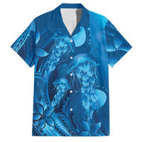 Blue Gradient Polynesia Jellyfish Family Matching Off Shoulder Maxi Dress and Hawaiian Shirt Plumeria Polynesian Tattoo Glowing Vibes LT14 Dad's Shirt - Short Sleeve Blue - Polynesian Pride