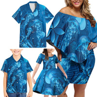 Blue Gradient Polynesia Jellyfish Family Matching Off Shoulder Short Dress and Hawaiian Shirt Plumeria Polynesian Tattoo Glowing Vibes LT14 - Polynesian Pride