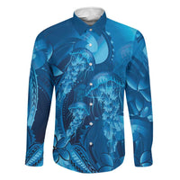Blue Gradient Polynesia Jellyfish Family Matching Off Shoulder Short Dress and Hawaiian Shirt Plumeria Polynesian Tattoo Glowing Vibes LT14 Dad's Shirt - Long Sleeve Blue - Polynesian Pride