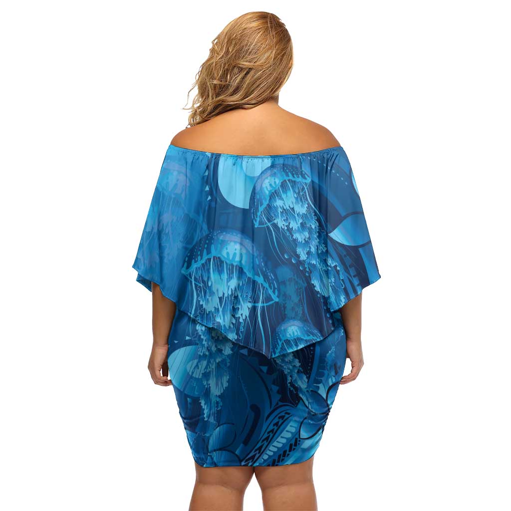 Blue Gradient Polynesia Jellyfish Family Matching Off Shoulder Short Dress and Hawaiian Shirt Plumeria Polynesian Tattoo Glowing Vibes LT14 - Polynesian Pride