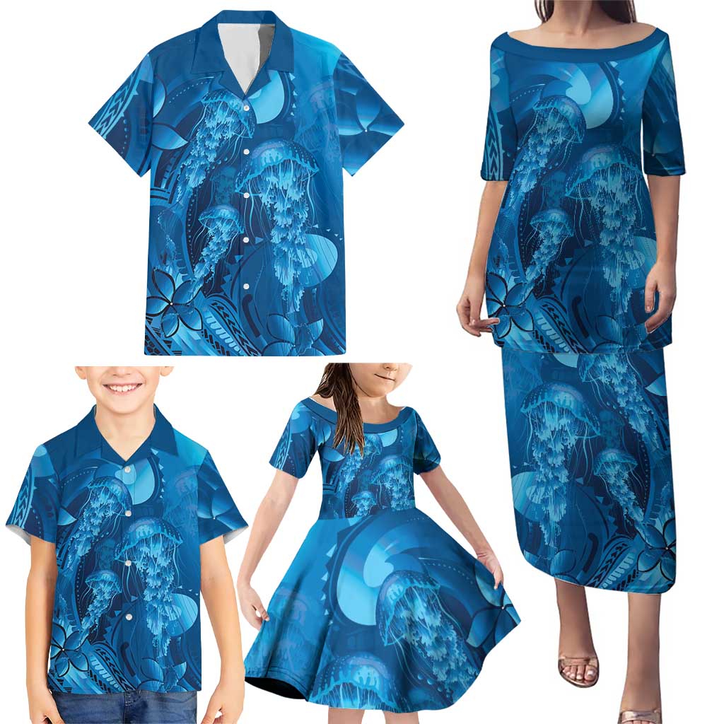 Blue Gradient Polynesia Jellyfish Family Matching Puletasi and Hawaiian Shirt Plumeria Polynesian Tattoo Glowing Vibes