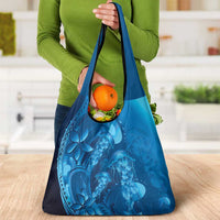 Blue Gradient Polynesia Jellyfish Grocery Bag Plumeria Polynesian Tattoo Glowing Vibes