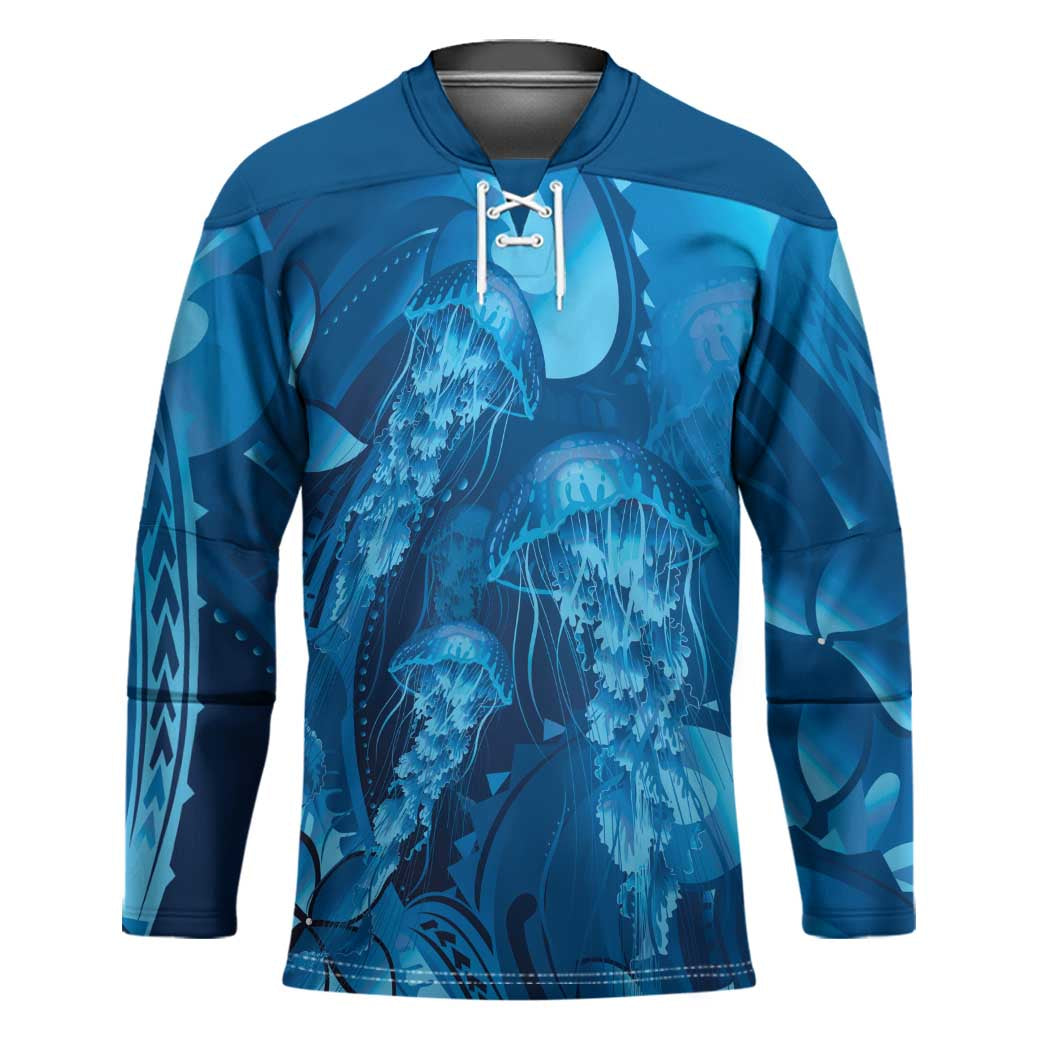 Blue Gradient Polynesia Jellyfish Hockey Jersey Plumeria Polynesian Tattoo Glowing Vibes