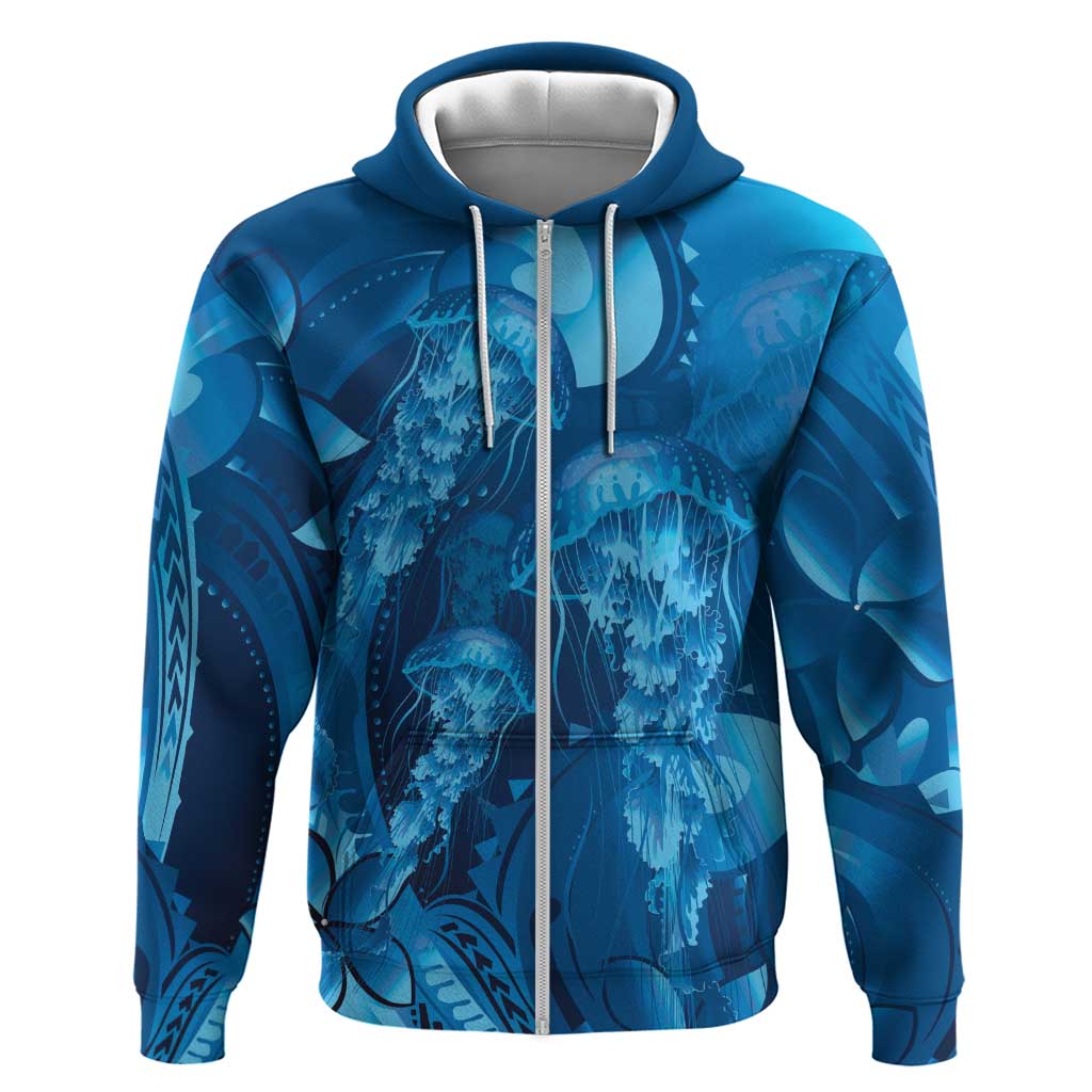 Blue Gradient Polynesia Jellyfish Hoodie Plumeria Polynesian Tattoo Glowing Vibes LT14 Zip Hoodie Blue - Polynesian Pride