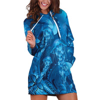 Blue Gradient Polynesia Jellyfish Hoodie Dress Plumeria Polynesian Tattoo Glowing Vibes