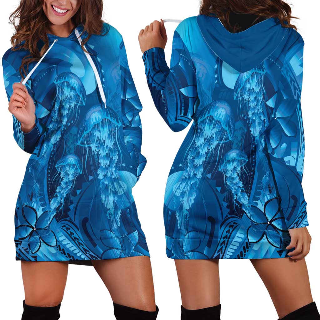 Blue Gradient Polynesia Jellyfish Hoodie Dress Plumeria Polynesian Tattoo Glowing Vibes