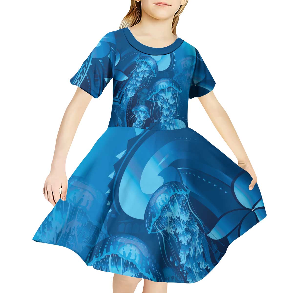 Blue Gradient Polynesia Jellyfish Kid Short Sleeve Dress Plumeria Polynesian Tattoo Glowing Vibes