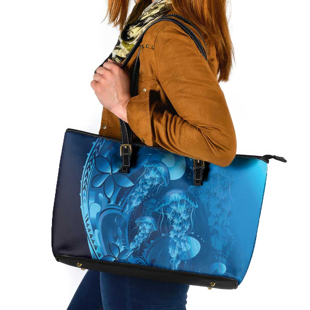 Blue Gradient Polynesia Jellyfish Leather Tote Bag Plumeria Polynesian Tattoo Glowing Vibes LT14 Blue - Polynesian Pride