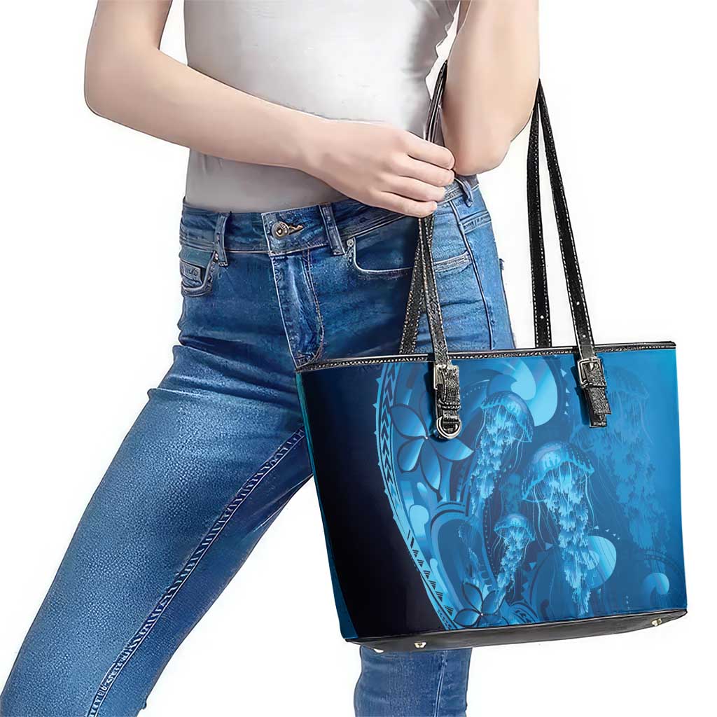 Blue Gradient Polynesia Jellyfish Leather Tote Bag Plumeria Polynesian Tattoo Glowing Vibes LT14 - Polynesian Pride