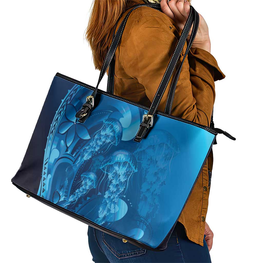 Blue Gradient Polynesia Jellyfish Leather Tote Bag Plumeria Polynesian Tattoo Glowing Vibes LT14 - Polynesian Pride