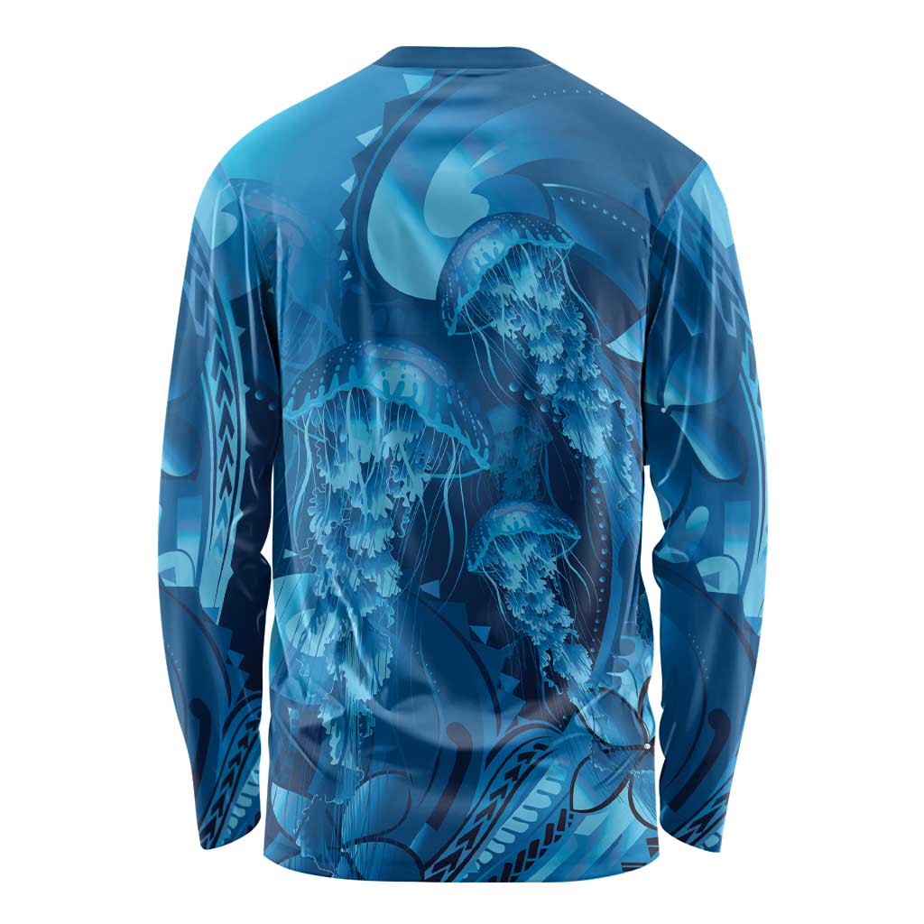 Blue Gradient Polynesia Jellyfish Long Sleeve Shirt Plumeria Polynesian Tattoo Glowing Vibes