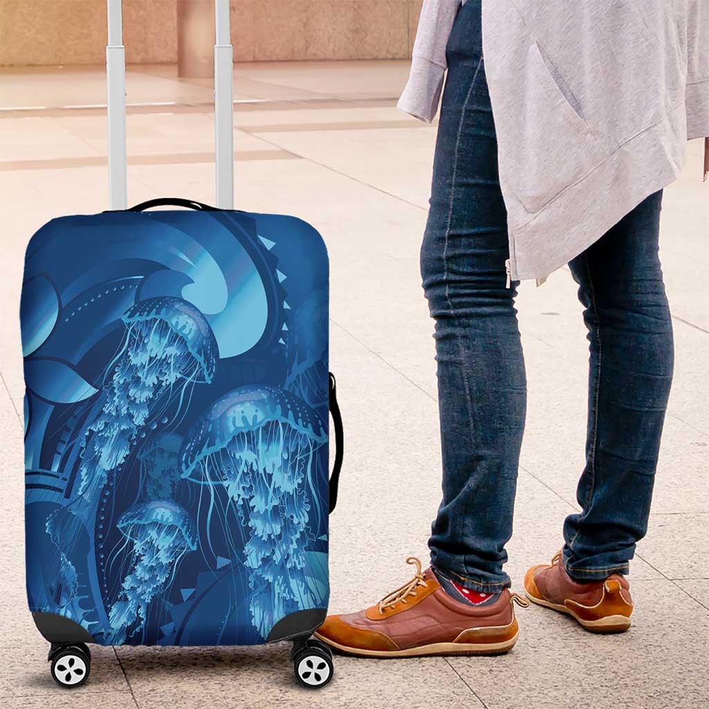 Blue Gradient Polynesia Jellyfish Luggage Cover Plumeria Polynesian Tattoo Glowing Vibes