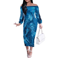 Blue Gradient Polynesia Jellyfish Off The Shoulder Long Sleeve Dress Plumeria Polynesian Tattoo Glowing Vibes