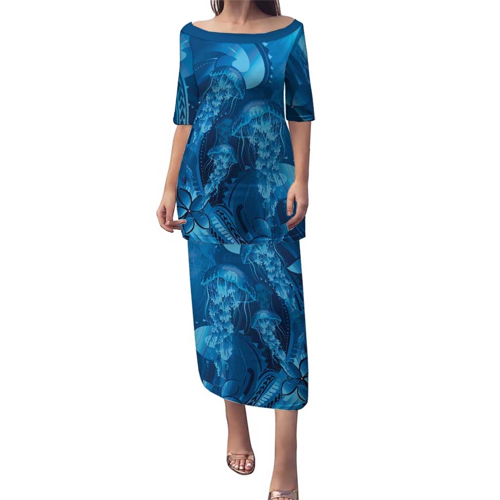 Blue Gradient Polynesia Jellyfish Puletasi Plumeria Polynesian Tattoo Glowing Vibes LT14 Long Dress Blue - Polynesian Pride