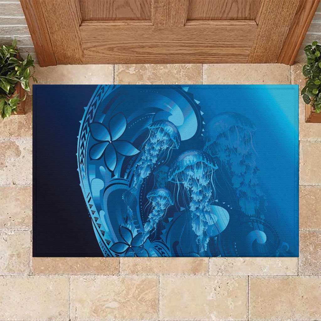 Blue Gradient Polynesia Jellyfish Rubber Doormat Plumeria Polynesian Tattoo Glowing Vibes LT14 Blue - Polynesian Pride
