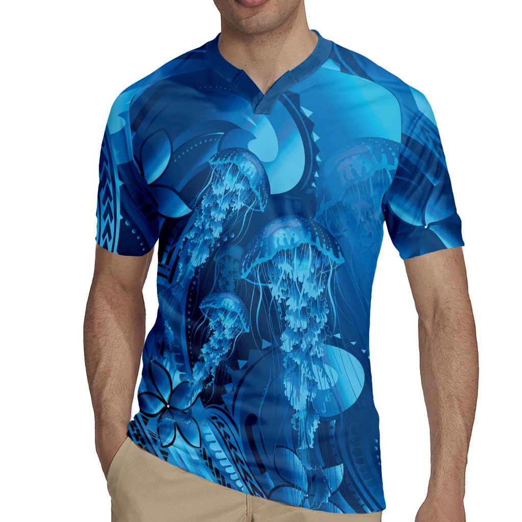 Blue Gradient Polynesia Jellyfish Rugby Jersey Plumeria Polynesian Tattoo Glowing Vibes