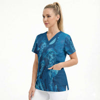 Blue Gradient Polynesia Jellyfish Scrub Top Plumeria Polynesian Tattoo Glowing Vibes