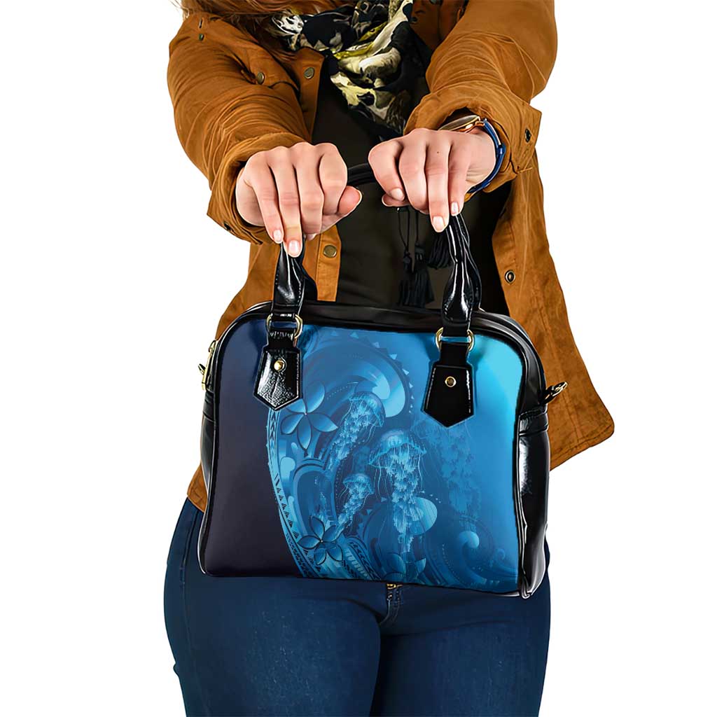 Blue Gradient Polynesia Jellyfish Shoulder Handbag Plumeria Polynesian Tattoo Glowing Vibes