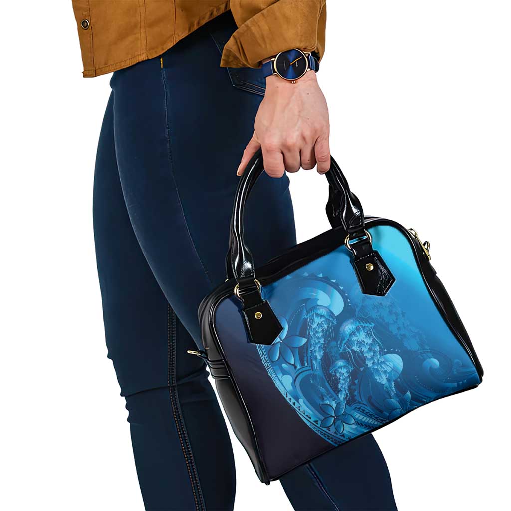 Blue Gradient Polynesia Jellyfish Shoulder Handbag Plumeria Polynesian Tattoo Glowing Vibes