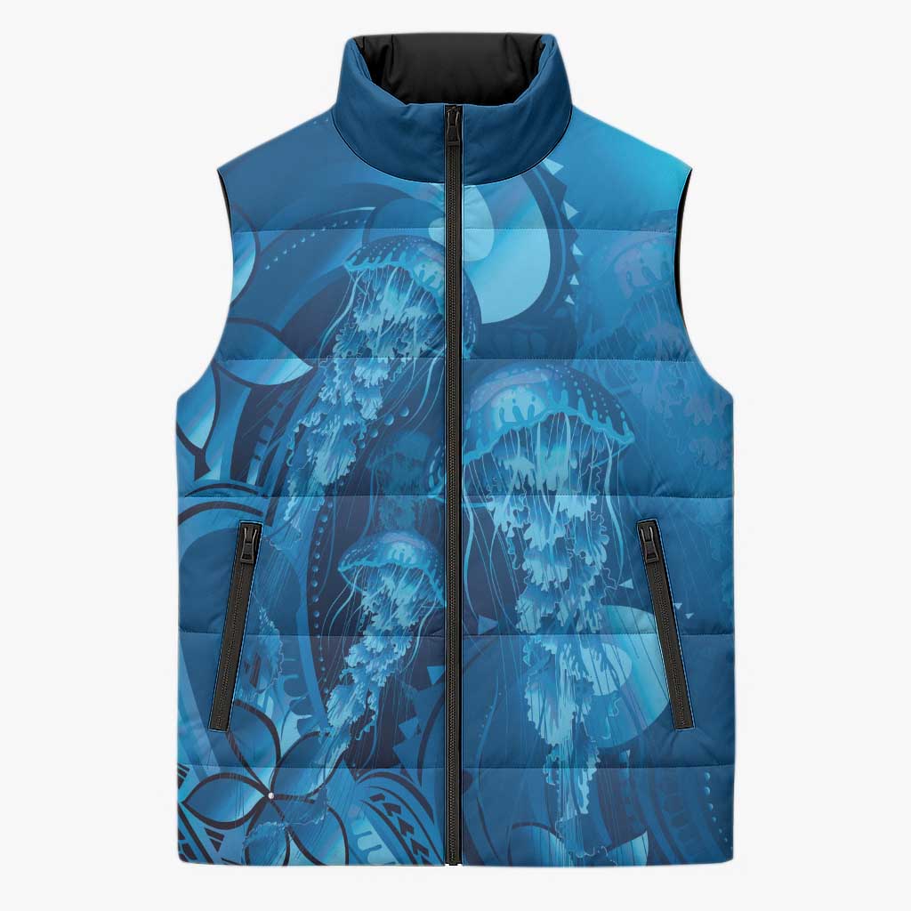 Blue Gradient Polynesia Jellyfish Sleeveless Puffer Jacket Plumeria Polynesian Tattoo Glowing Vibes