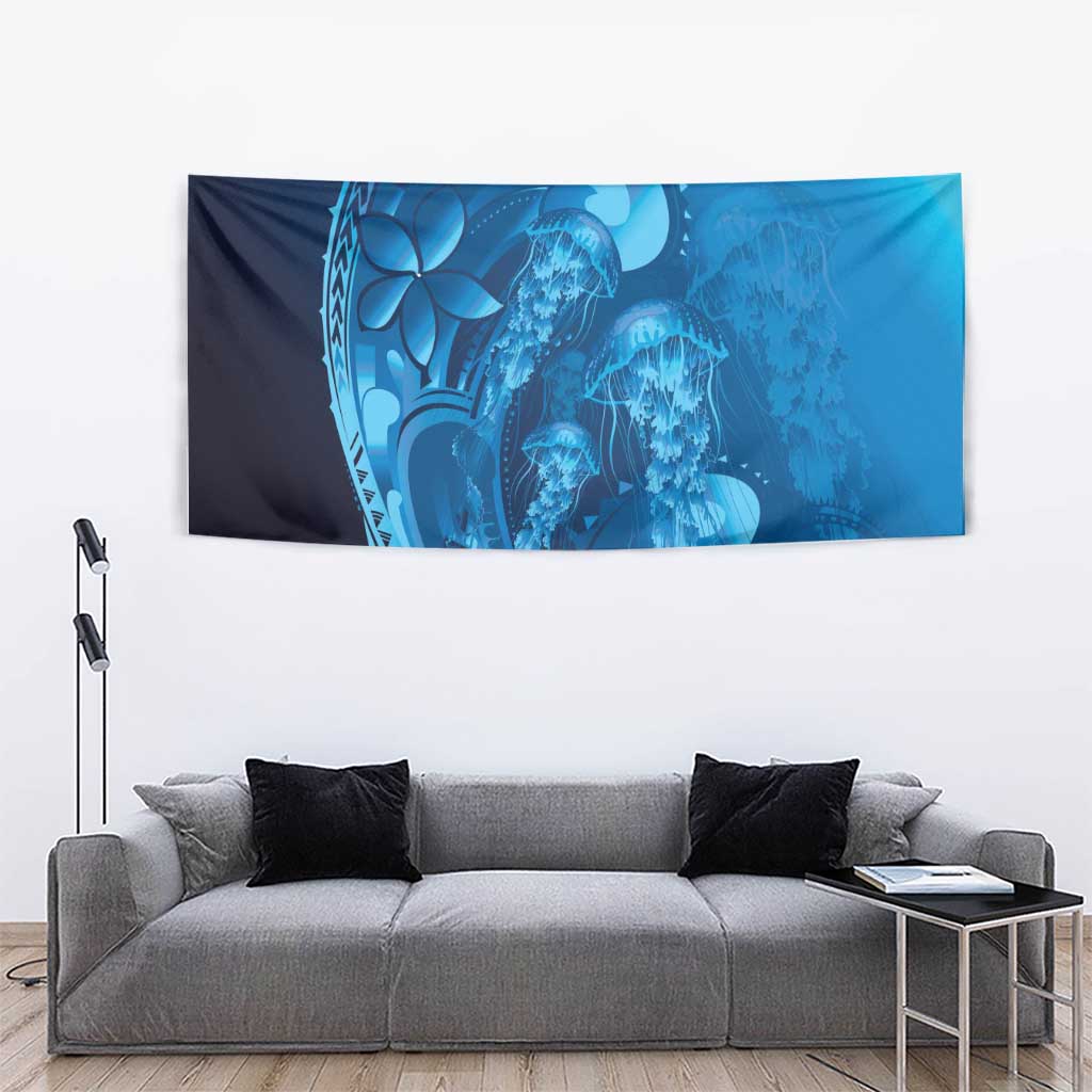 Blue Gradient Polynesia Jellyfish Tapestry Plumeria Polynesian Tattoo Glowing Vibes