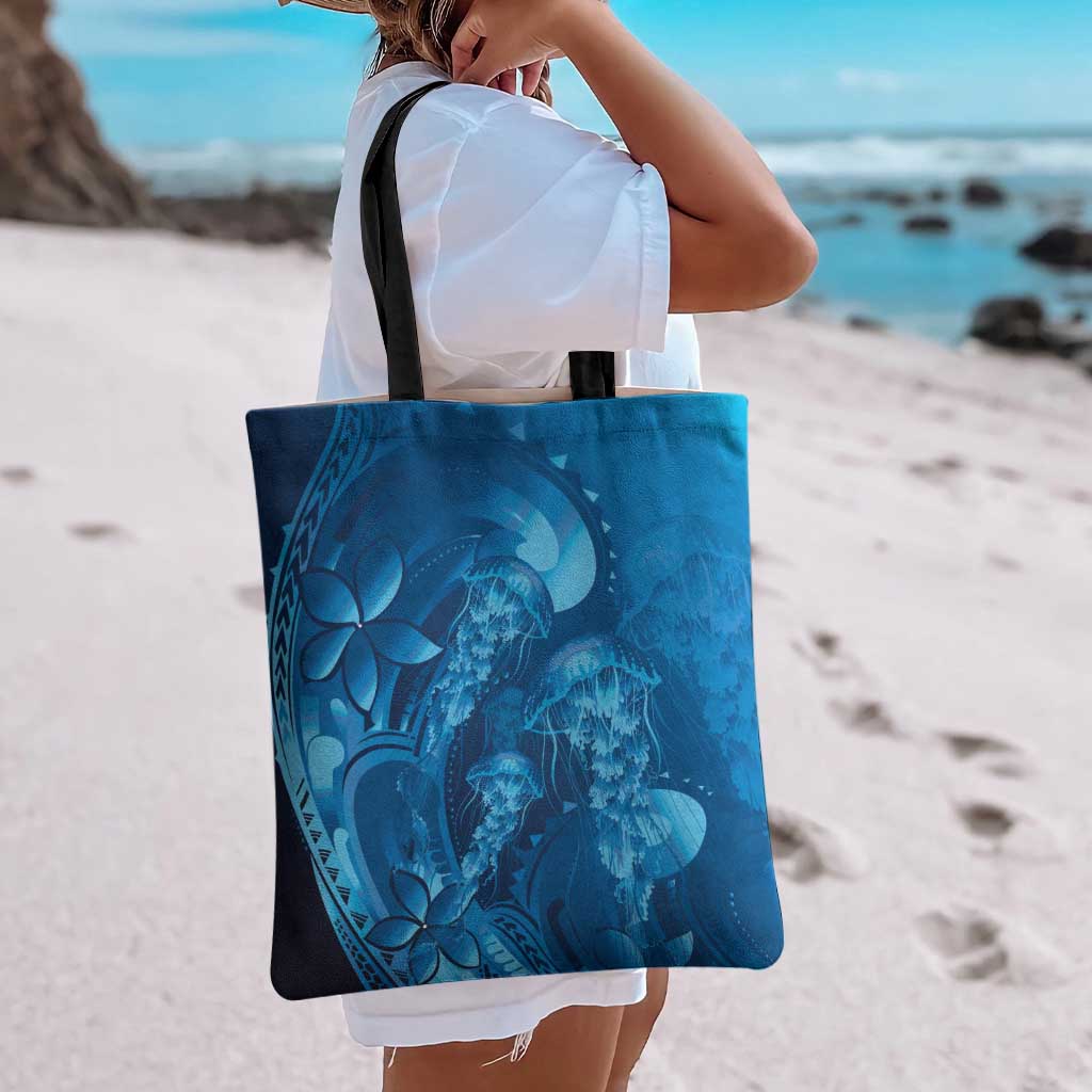 Blue Gradient Polynesia Jellyfish Tote Bag Plumeria Polynesian Tattoo Glowing Vibes