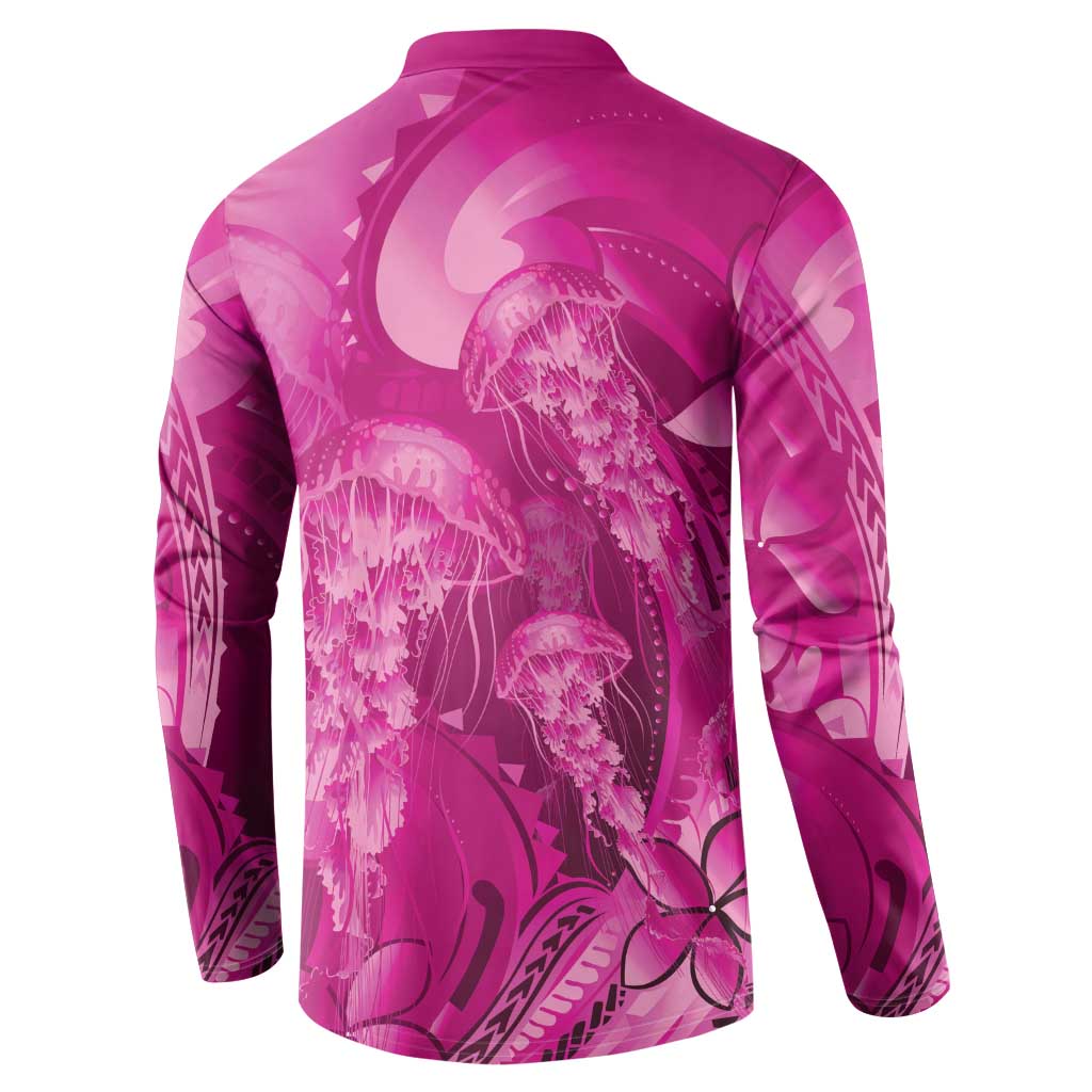 Pink Gradient Polynesia Jellyfish Button Sweatshirt Plumeria Polynesian Tattoo Glowing Vibes