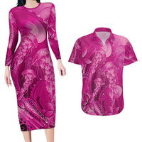 Pink Gradient Polynesia Jellyfish Couples Matching Long Sleeve Bodycon Dress and Hawaiian Shirt Plumeria Polynesian Tattoo Glowing Vibes LT14 Pink - Polynesian Pride