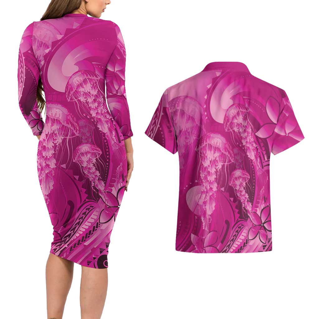 Pink Gradient Polynesia Jellyfish Couples Matching Long Sleeve Bodycon Dress and Hawaiian Shirt Plumeria Polynesian Tattoo Glowing Vibes LT14 - Polynesian Pride