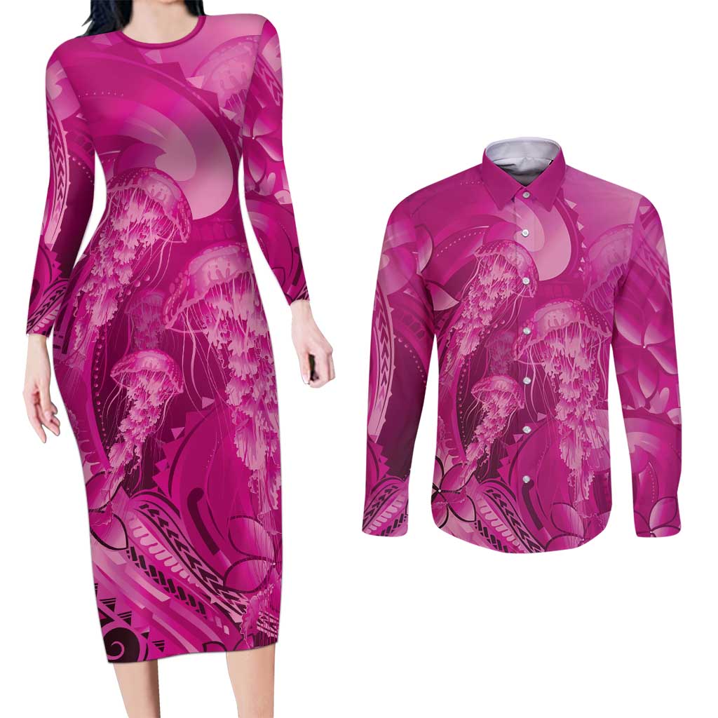 Pink Gradient Polynesia Jellyfish Couples Matching Long Sleeve Bodycon Dress and Long Sleeve Button Shirt Plumeria Polynesian Tattoo Glowing Vibes LT14 Pink - Polynesian Pride