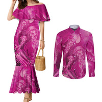 Pink Gradient Polynesia Jellyfish Couples Matching Mermaid Dress and Long Sleeve Button Shirt Plumeria Polynesian Tattoo Glowing Vibes LT14 Pink - Polynesian Pride