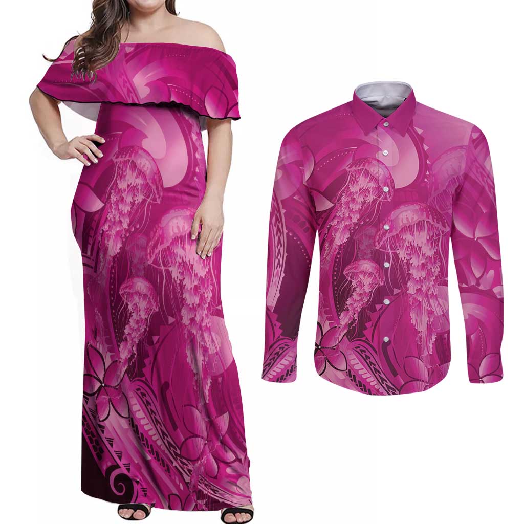 Pink Gradient Polynesia Jellyfish Couples Matching Off Shoulder Maxi Dress and Long Sleeve Button Shirt Plumeria Polynesian Tattoo Glowing Vibes